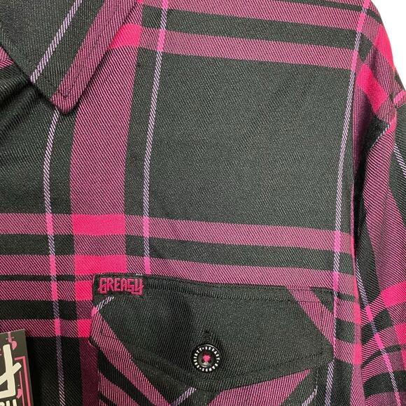 Greasy Hands Society Mens Pink Black Purple Button Up Flannel Shirt 2XLT Tall - Picture 5 of 10